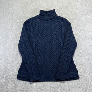 VINTAGE Lands End Sweater Womens Large Petite Navy Blue Cable Knit Turtleneck